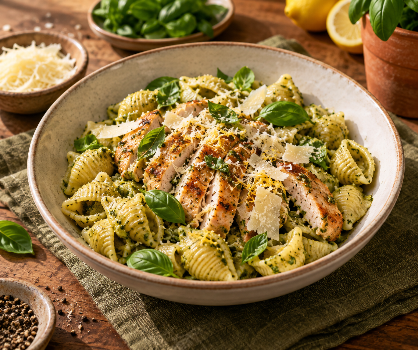 Bowl of Chicken Basil Pesto Conchiglie with parmesan and fresh basil